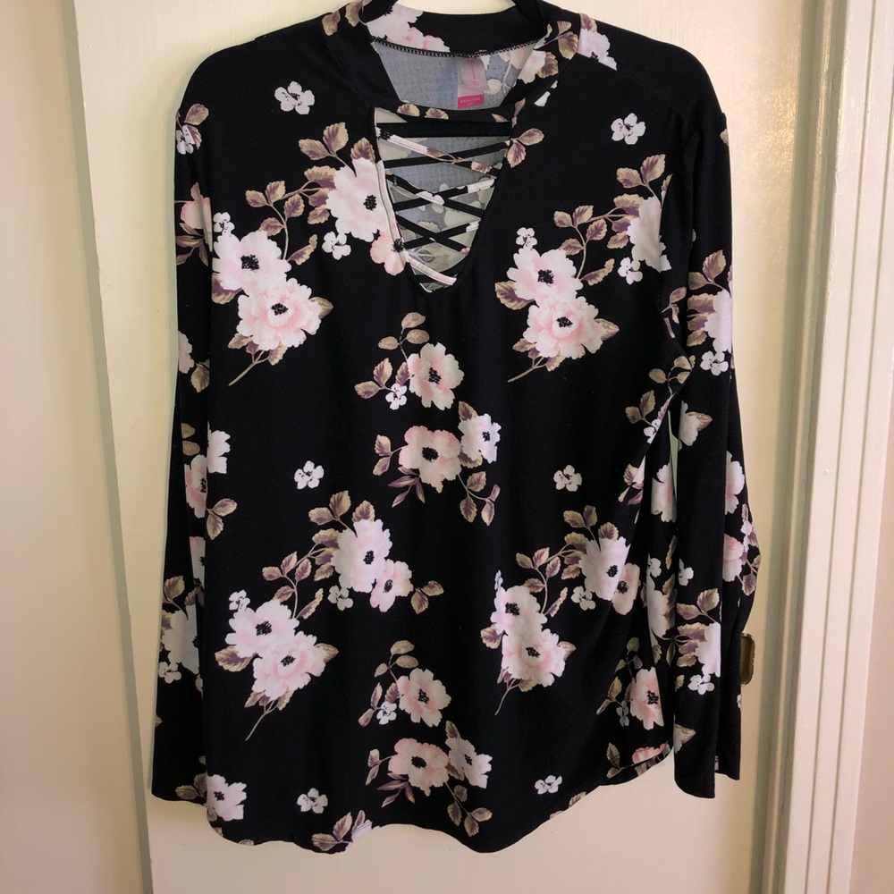 Black floral long sleeve shirt.